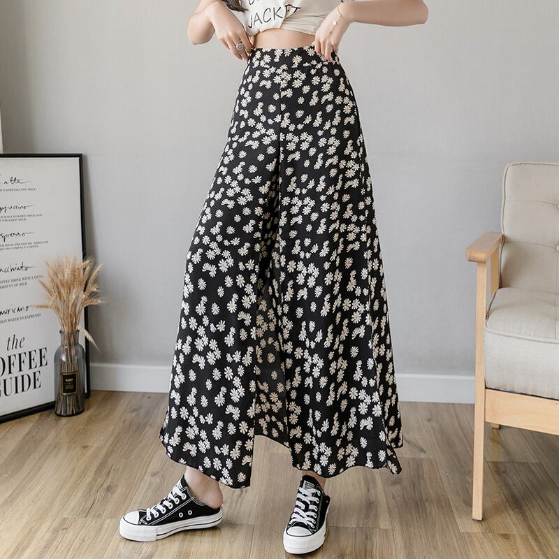 【bottoms】細身効果抜群♪シンプル花柄合わせやすいハイウエスト九分丈ガウチョパンツF0065