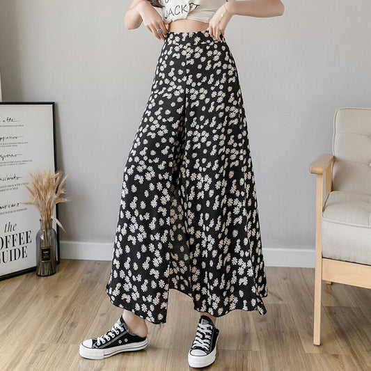 【bottoms】細身効果抜群♪シンプル花柄合わせやすいハイウエスト九分丈ガウチョパンツF0065