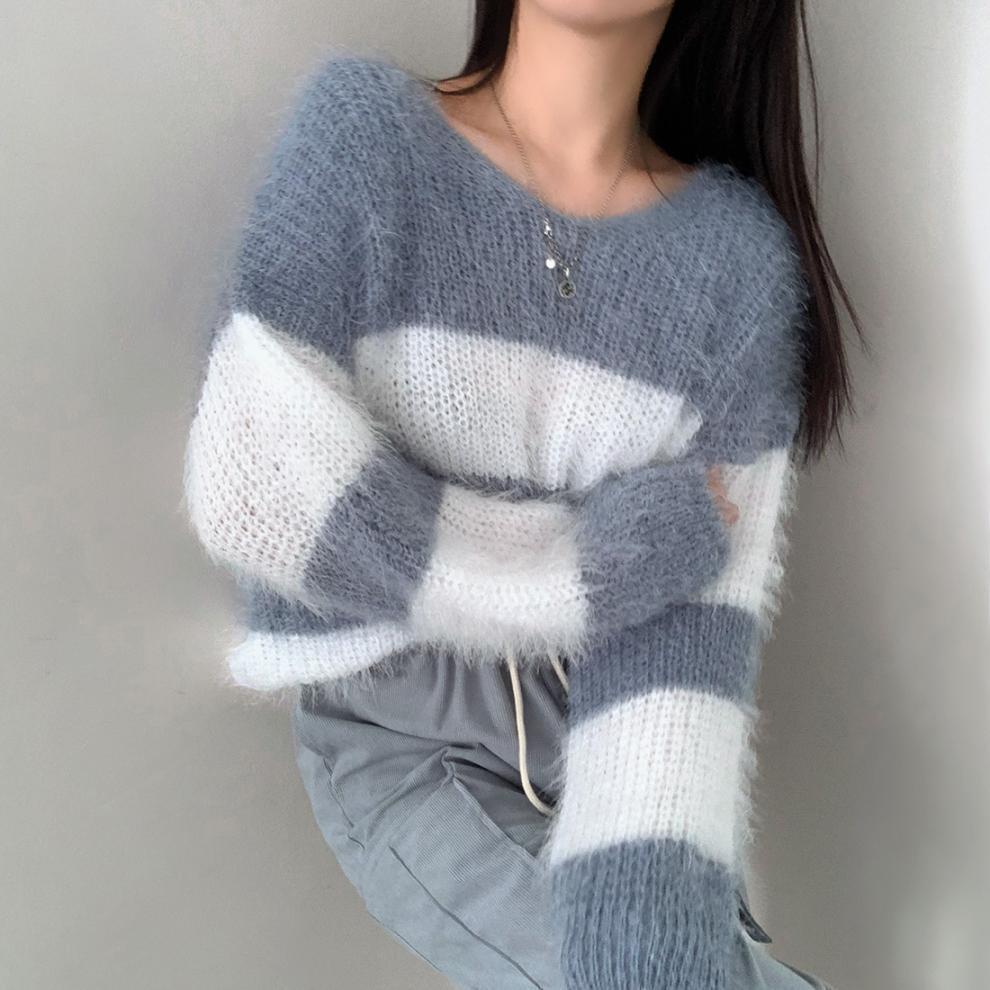 【tops】ボーダー柄ニットセーター　M26352