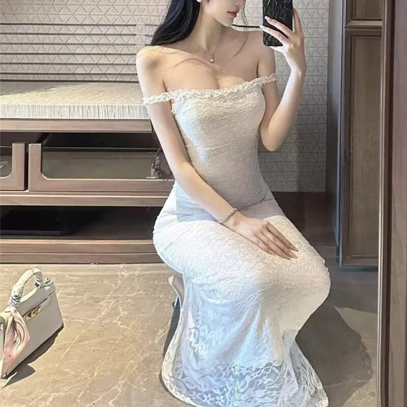 【dress】オフショルダーレースロングワンピース Q8189