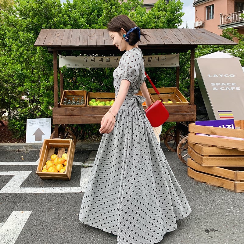 【set】ドット柄トップス×ロング丈スカートセット　M23928