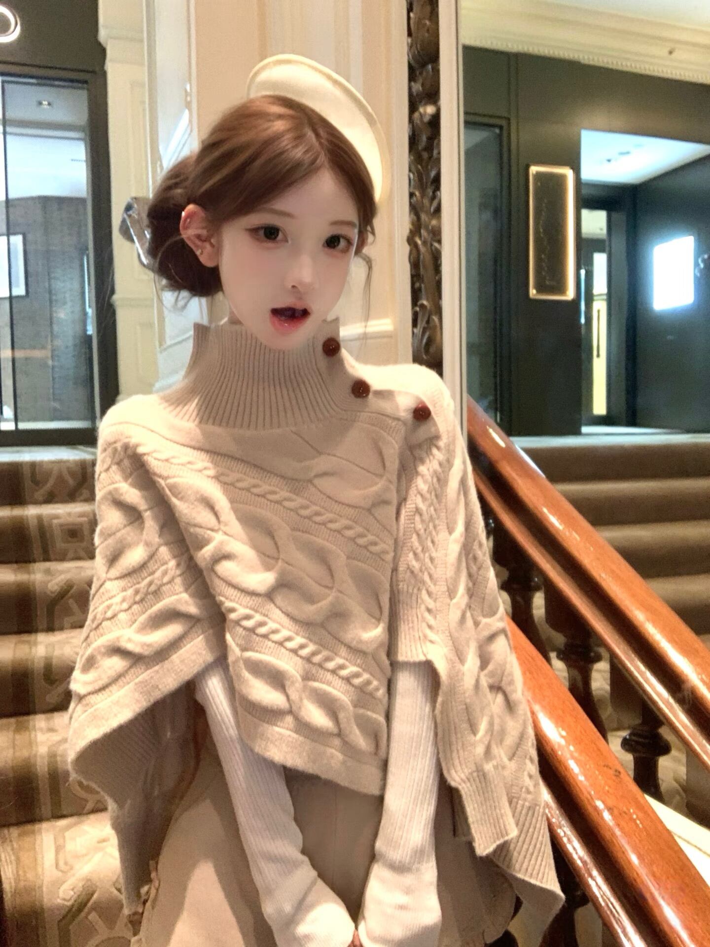 【set】ハイネックニットケープトップス×フリルショートパンツセット     N3388