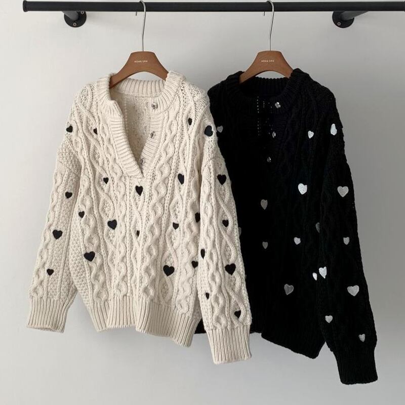 【tops】ハート刺繡柄ニットトップス Q7360