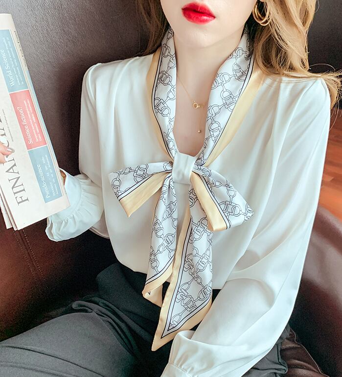 【tops】タイカラー長袖プリント配色ファッションゆったり着回しブラウスF0601