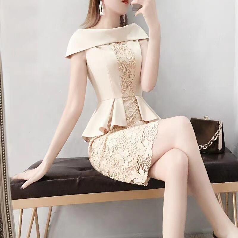 【dress】オシャレ度満点〜ギャザーレース切り替えスリットOL通勤タイトンワンピースF2427