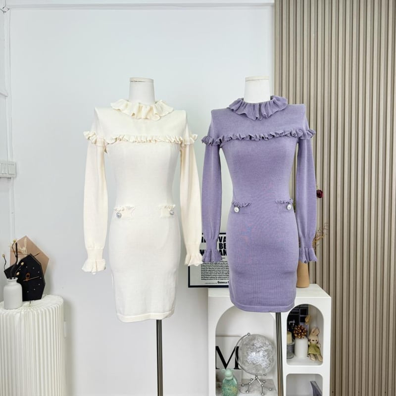 【dress】ギャザーフリルニットワンピース Q7631