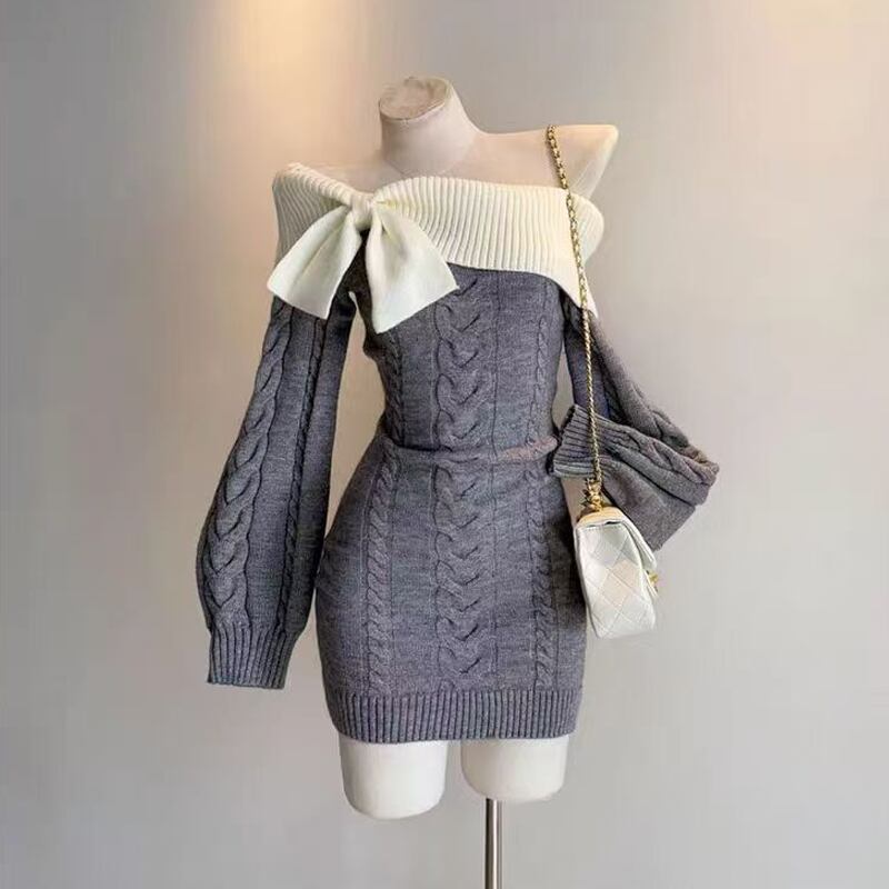 【dress】リボン付きオフショルダーニットワンピース Q7769