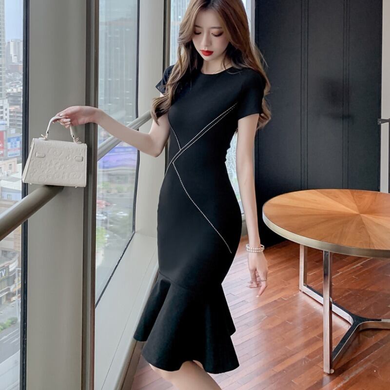 【dress】細身効果抜群好感度UP!韓国風OL通勤気質満点フリルマーメイドワンピース