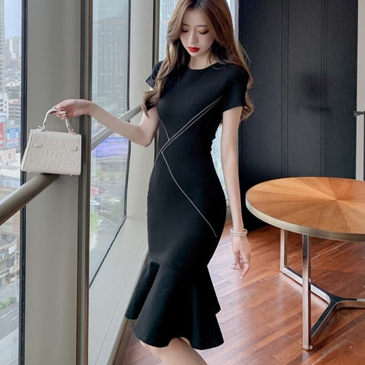 【dress】細身効果抜群好感度UP!韓国風OL通勤気質満点フリルマーメイドワンピース