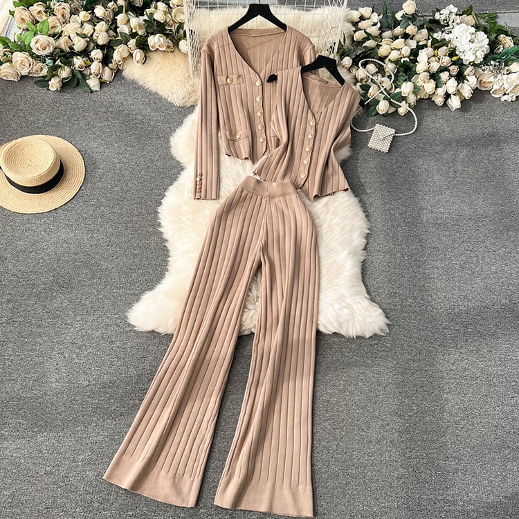 【set】ニットカーディガン+ベスト+ガウチョパンツ3点セットF6989