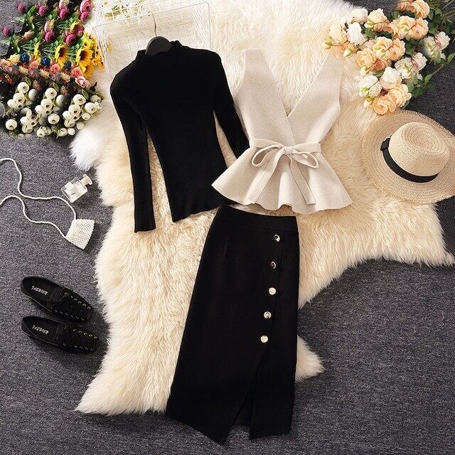 【set】好感度満載！秋冬新作Vネックベスト+無地セーター+美シルエットスカート通勤日常3点セットF1295