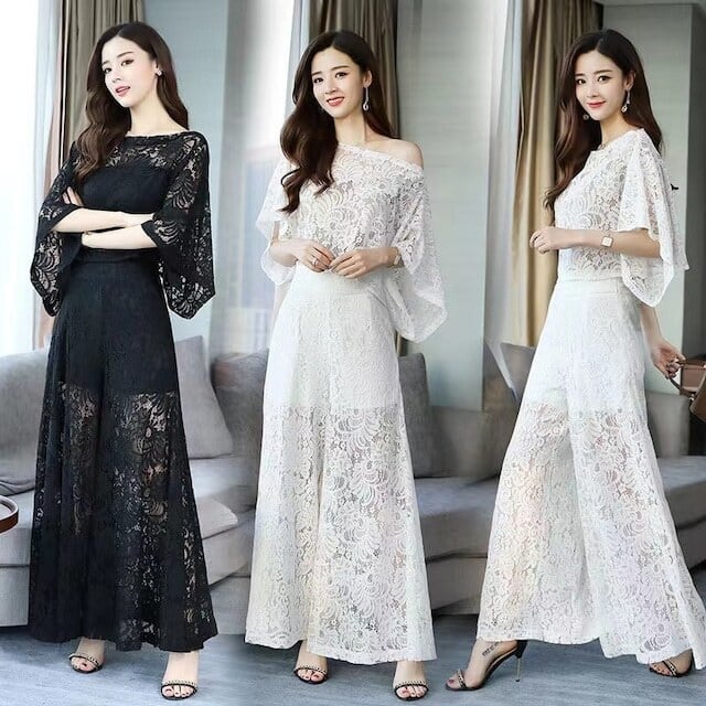 【set】ラウンドネックレース透かし彫りトップス（インナー付き)+カジュアルパンツ2点セット F1922