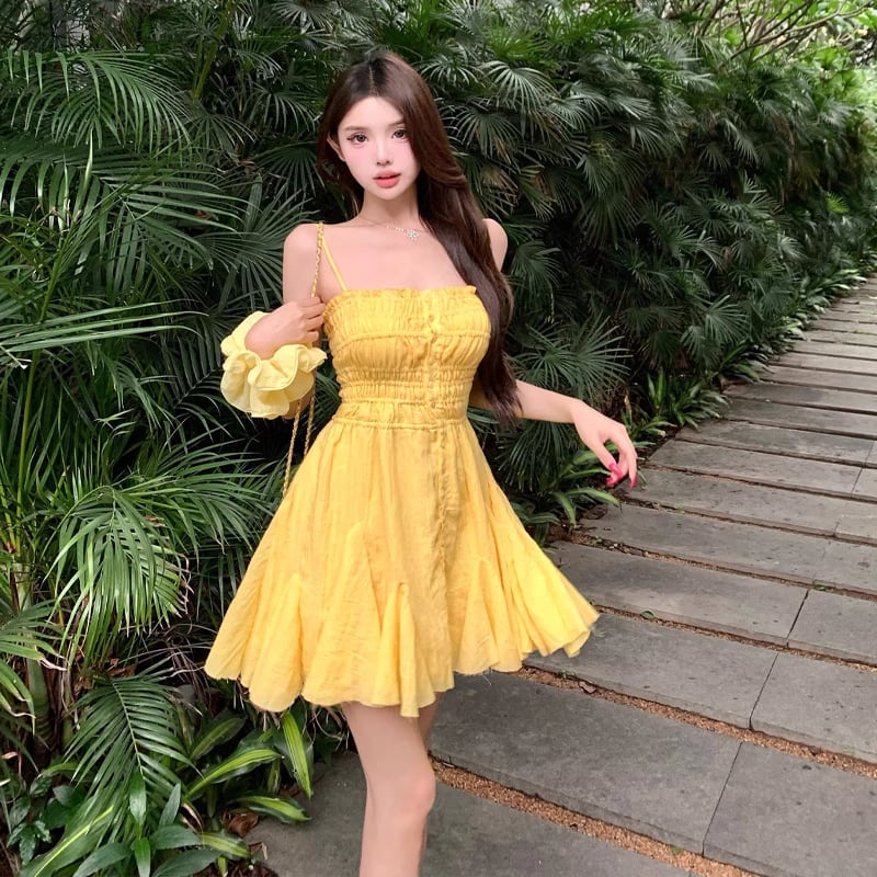 【dress】ギャザーデザインフレアキャミワンピース Q8292