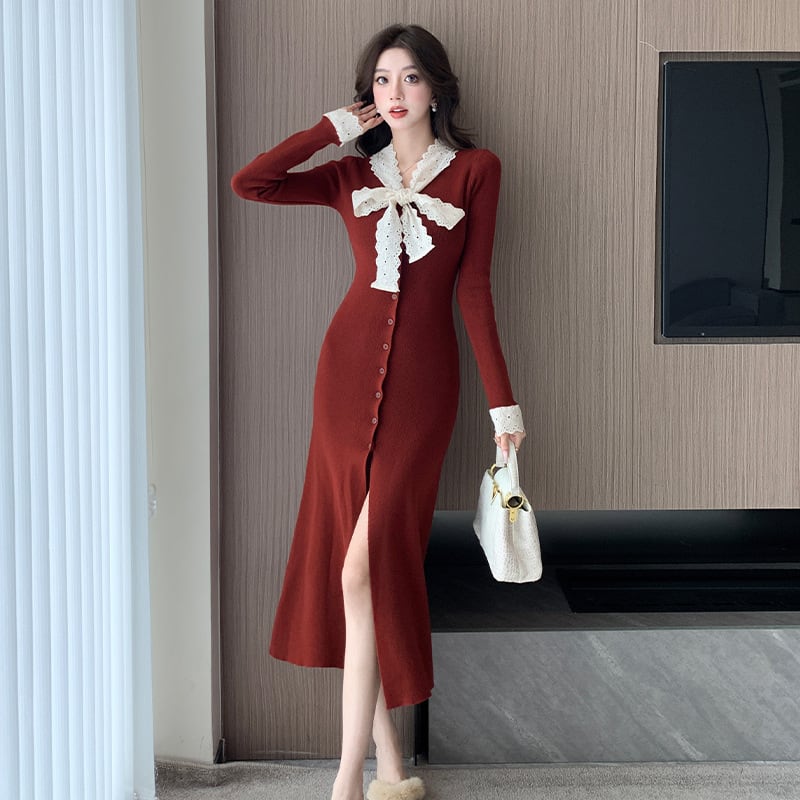 【dress】リボン付きニットワンピース　M27841