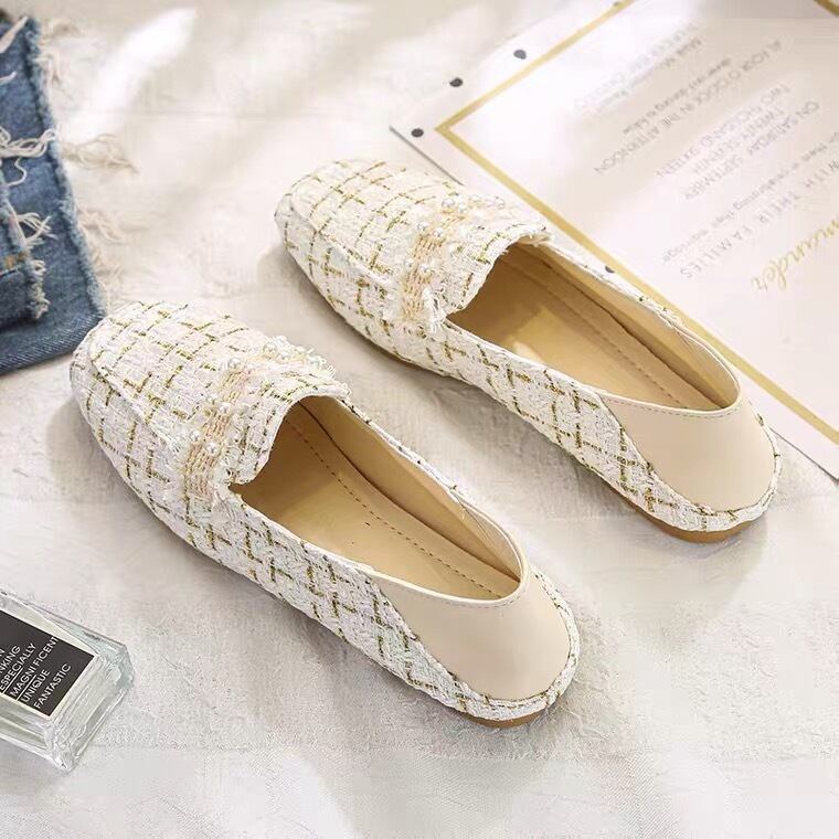 【shoes】今季大好評秋新作2色履きやすい美脚魅せチェック柄ビーズ飾りフラットシューズF0978