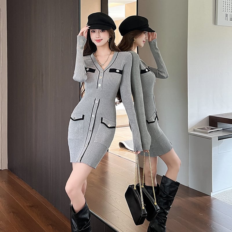 【dress】Vネックタイトニットワンピース Q6776