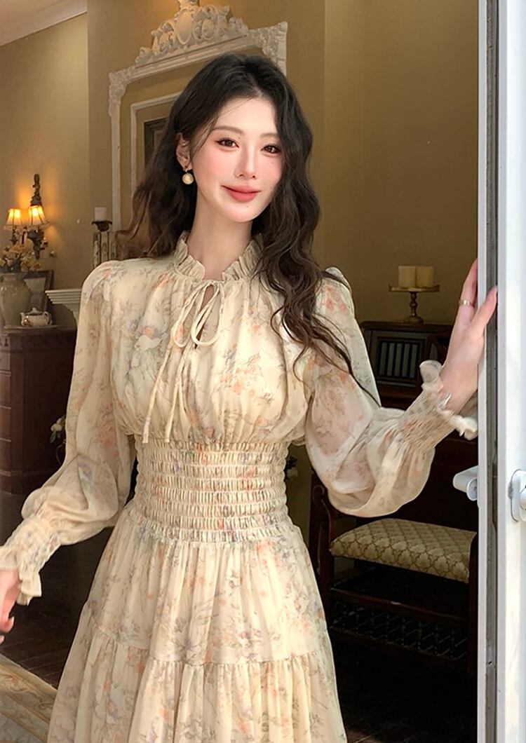 【dress】フラワー柄シフォンAラインロングワンピース Q7978