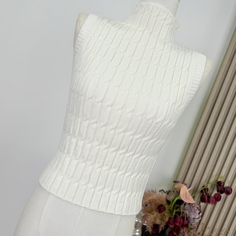 【tops】ハイネックノースリーブニットトップス Q7619