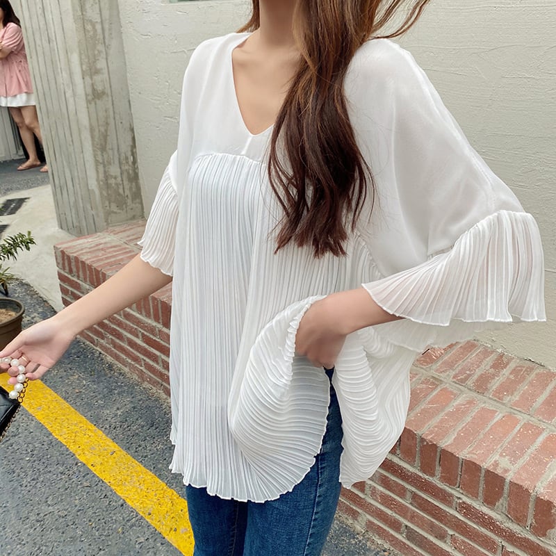 【tops】VネックフリルＴシャツF7342