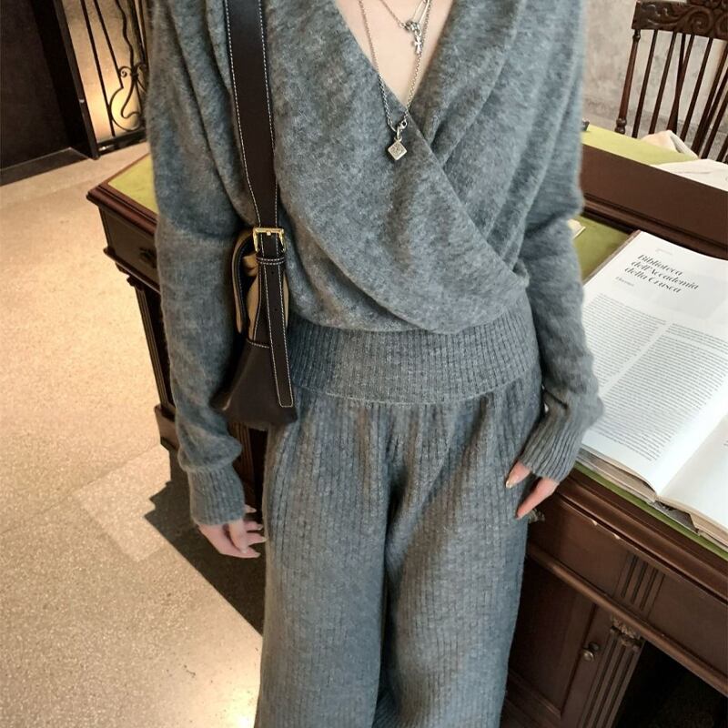 【set】クロスネックニットトップス×ワイドパンツセット Q7375