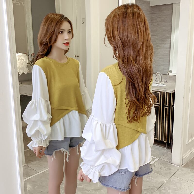 【tops】韓国ファッション早秋新作ラウンドネック長袖パフ袖偽二つ切り替えニットブラウスF0743