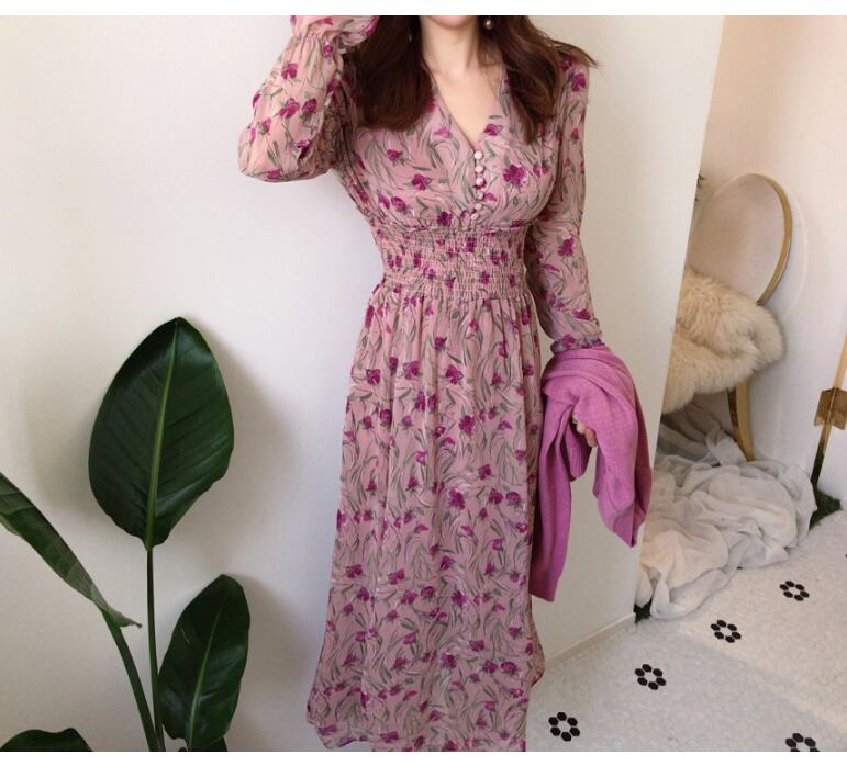 【dress】優しい雰囲気!エレガント気質満点スウィート 韓国系シフォン花柄ワンピース G1785