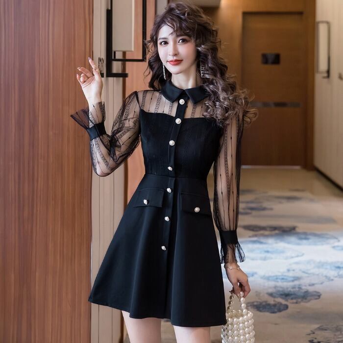 【dress】ファッション好感度UP!気質満点レトロPOLOネック切り替え着痩せワンピース