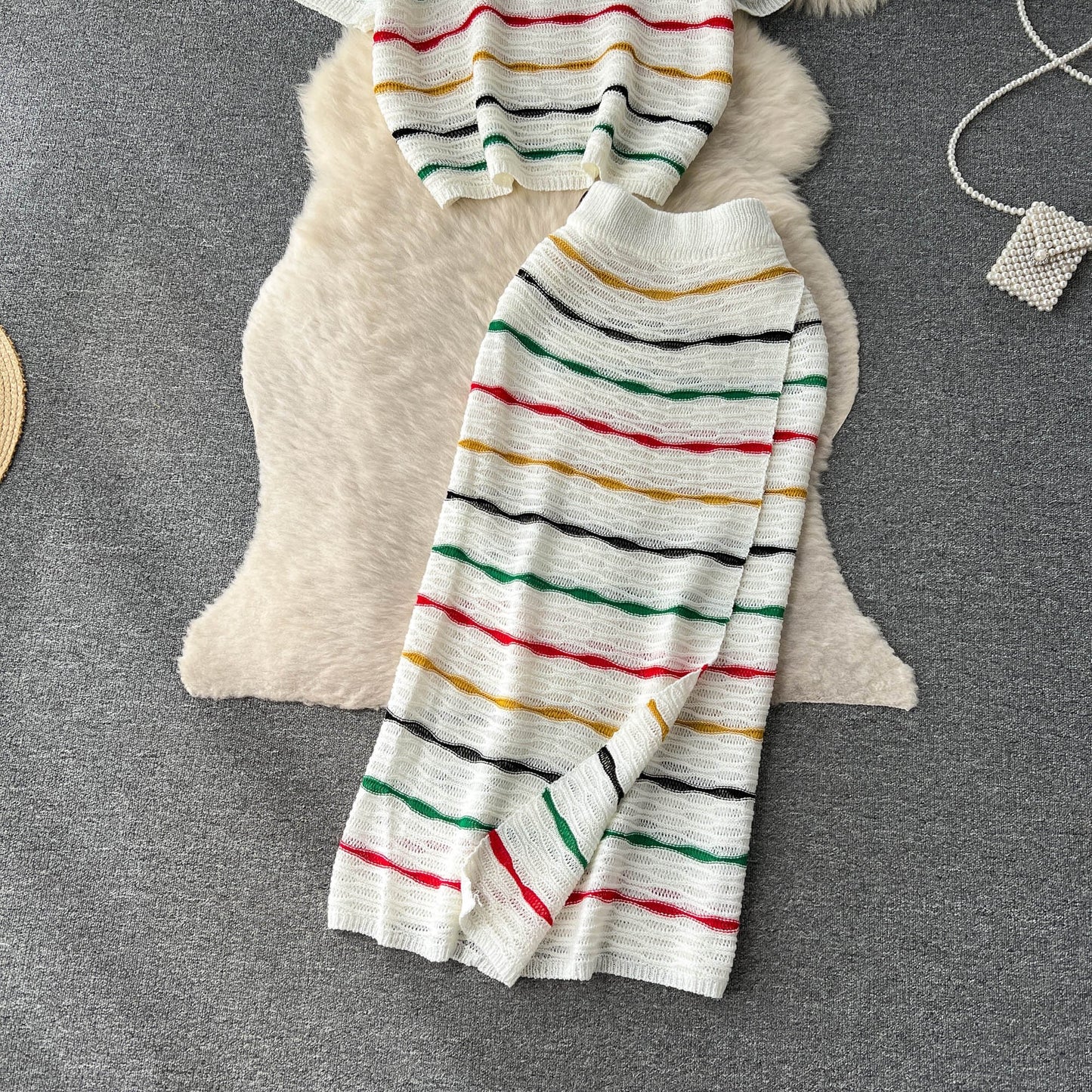 【set】ストライプ柄ニットトップス+スカート２点セットG20661