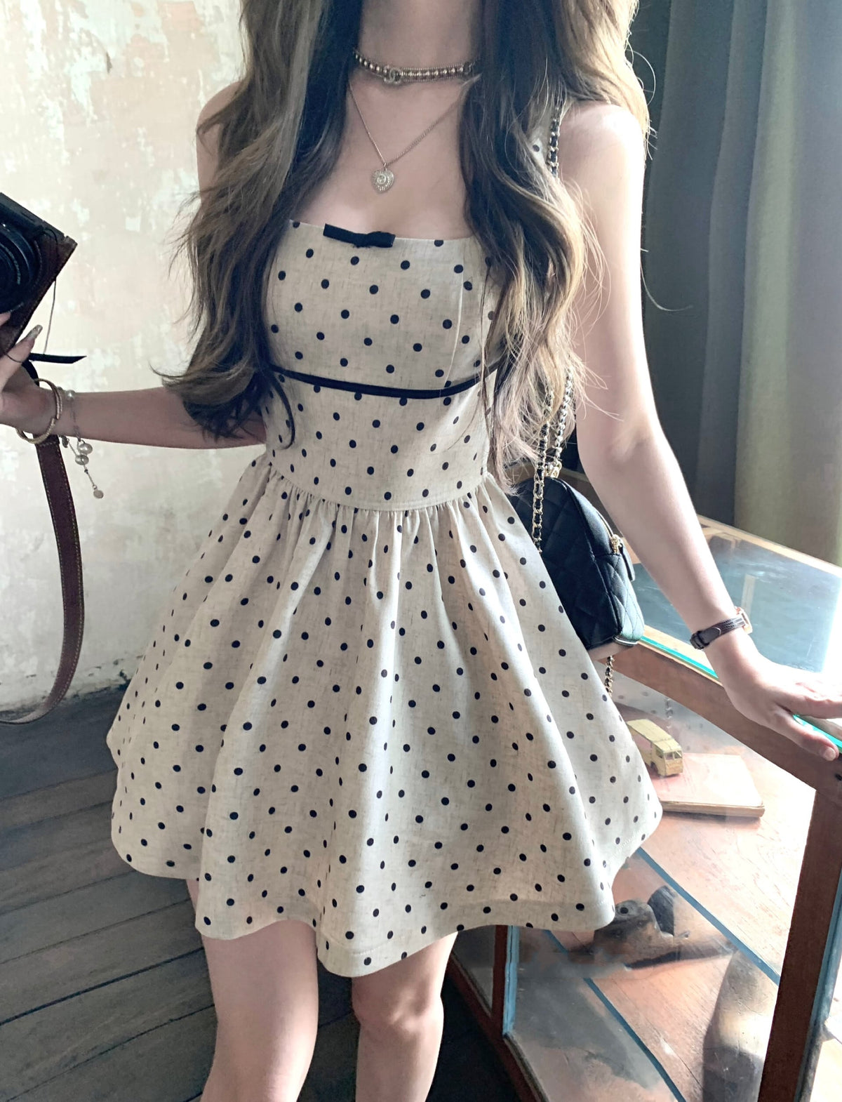 【dress】バックリボンドット柄ミニワンピース　M30198