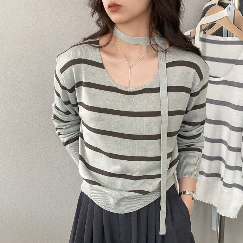 【tops】スカーフ付きボーダー柄ニットトップス Q8284