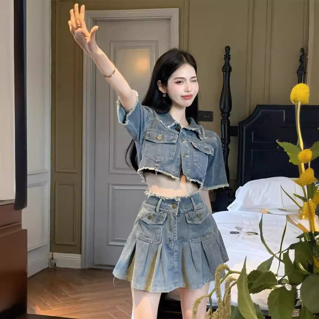 【set】半袖ジャケット+スカートデニム2点セットF7529