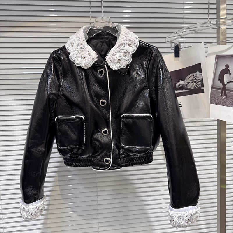 【outer】レースドッキングPU中綿ジャケット Q7336