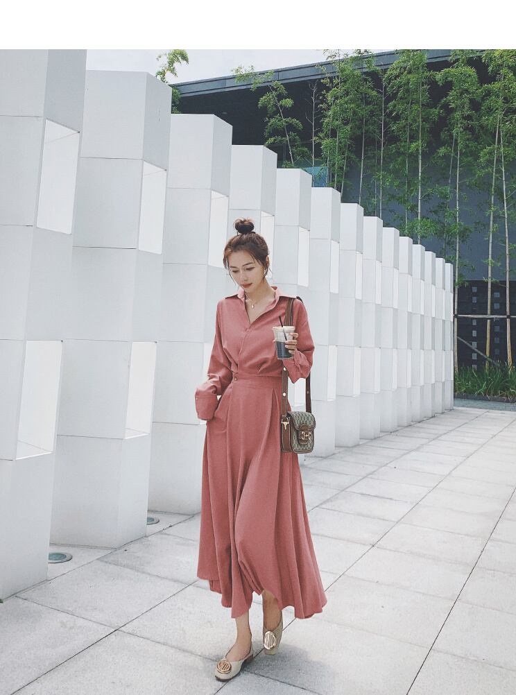 【dress】OL通勤気質満点レトロスウィート長袖Vネック無地着痩せワンピース