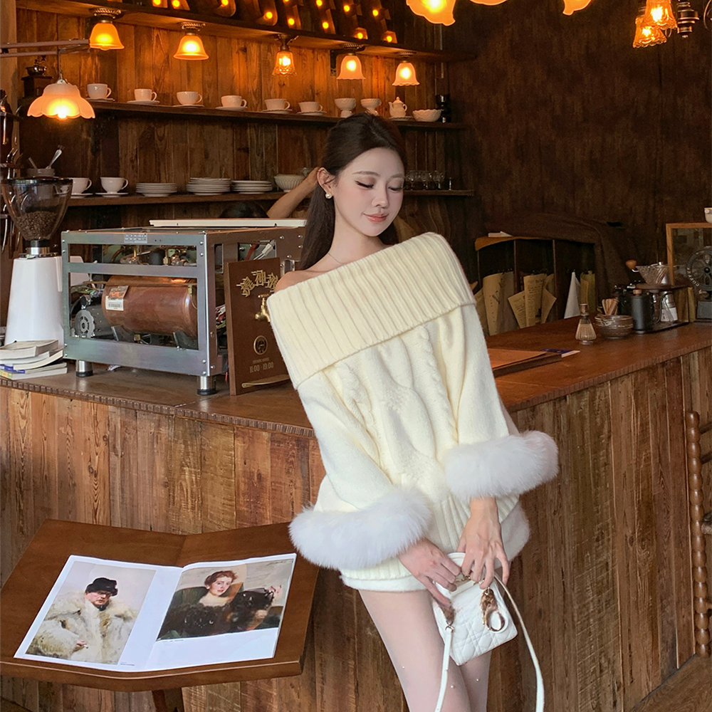 【tops】2WAY袖ファーオフショルニットトップス　N3378