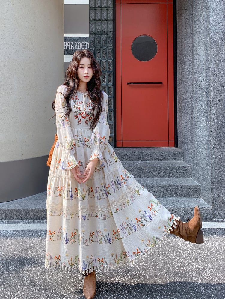 【dress】フリンジ付き花柄ロングワンピース Q8225