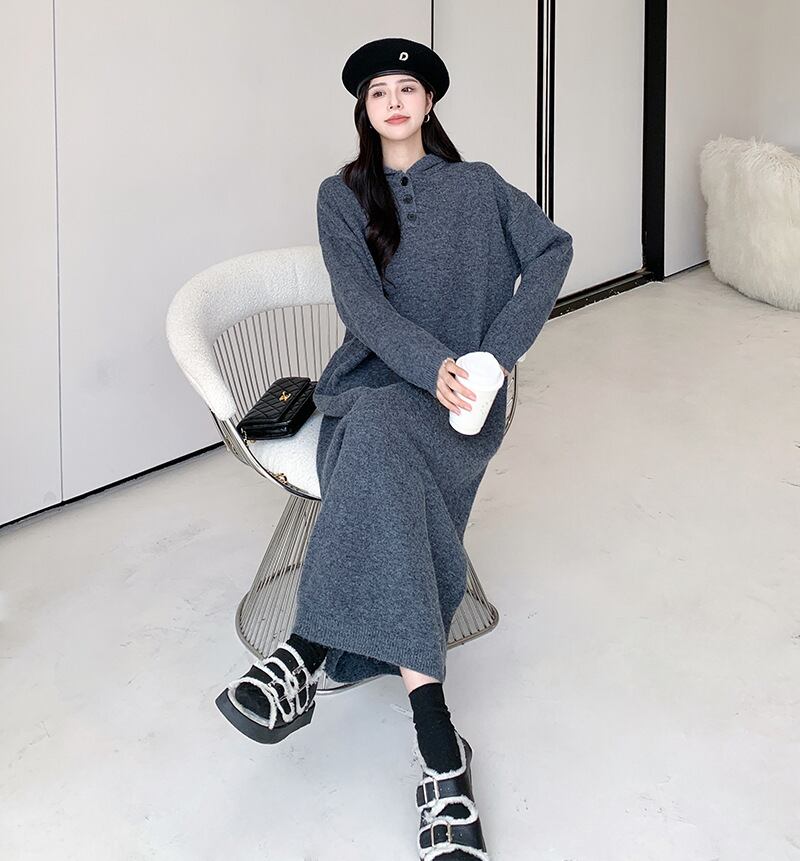 【dress】フード付きロングニットワンピース　N2186