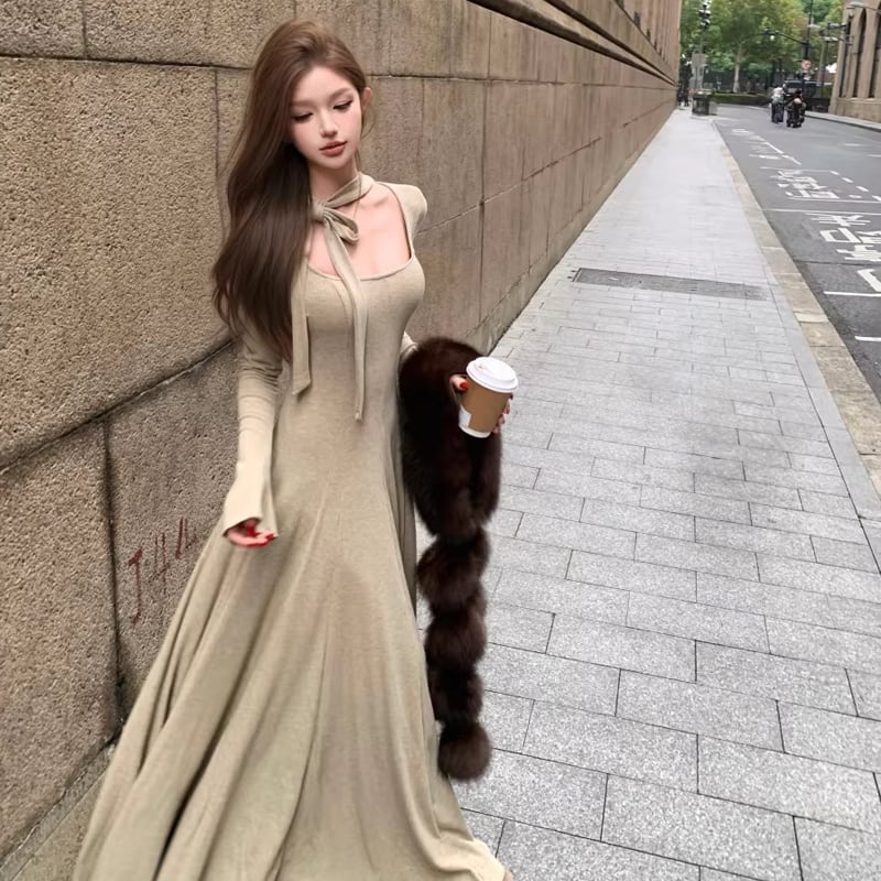 【dress】スクエアネックロングニットワンピース Q8200