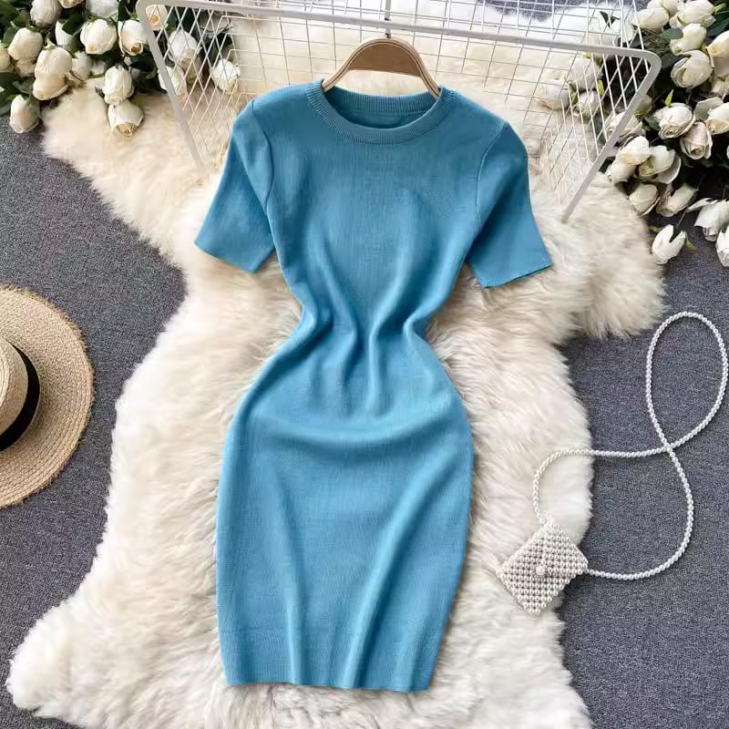 【dress】半袖体型カバーニットワンピースF7525