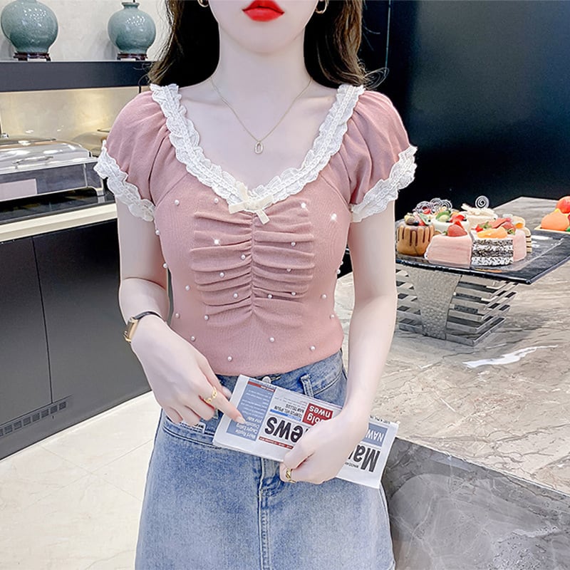 【tops】レース切り替えTシャツ　M24061