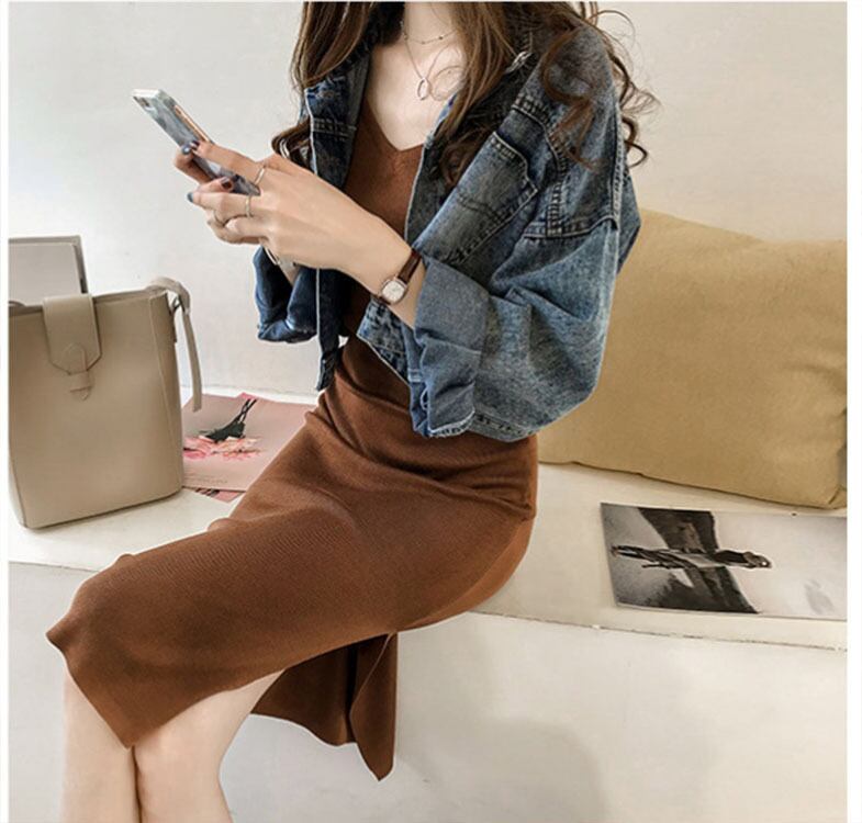 【set】デニムジャケット+体型カバー無地キャミワンピース通勤日常2点セットF0779