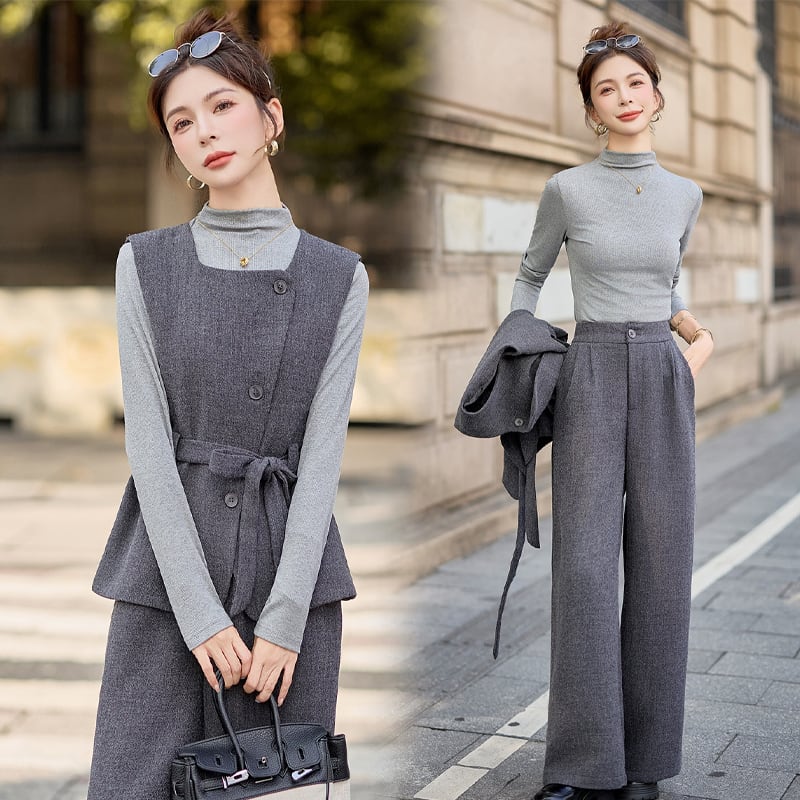 【set】ベスト×ハイネックトップス×ワイドパンツ3点セット Q6976