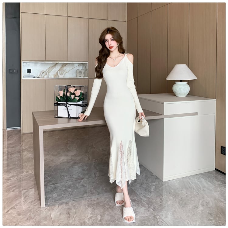 【dress】レースドッキングニットワンピース　M28023
