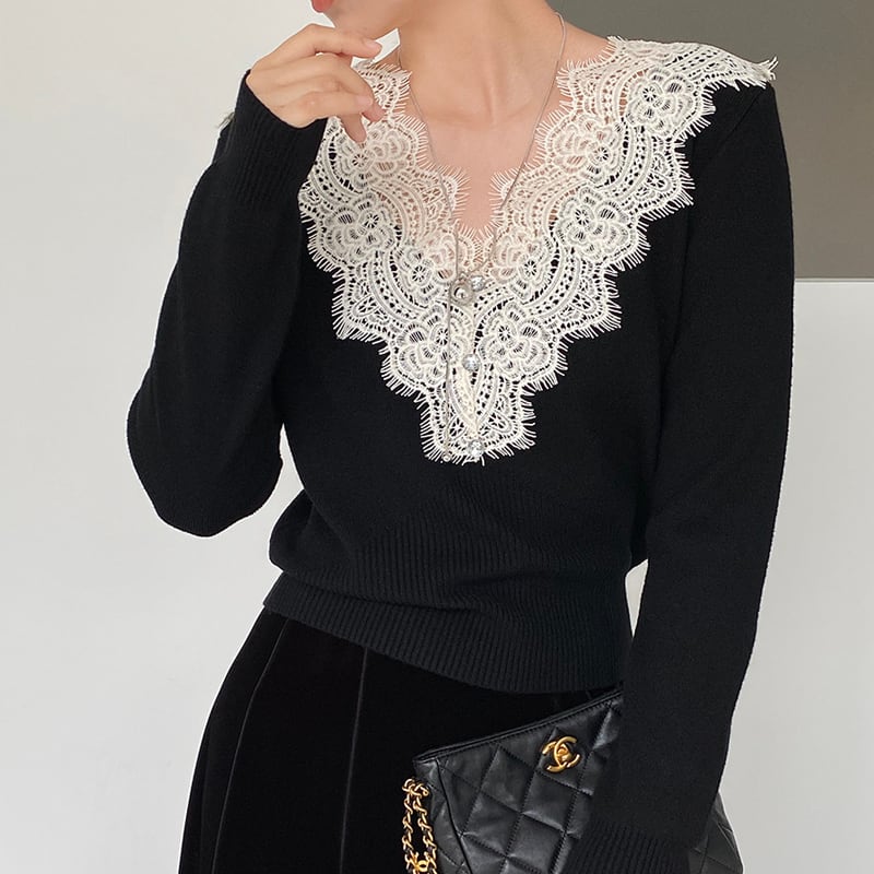 【tops】Vネックレースドッキングニットトップス Q7241
