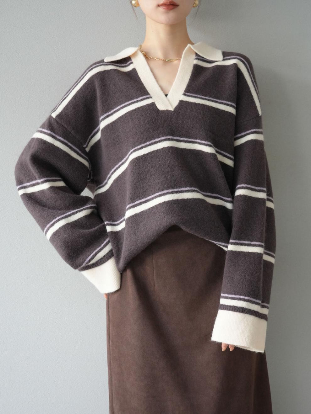 【tops】Ⅴネックボーダー柄ニットトップス N3430