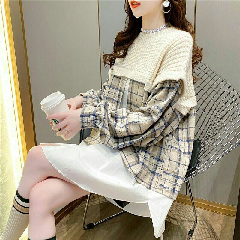 【tops】クルーネックドッキングニットセーター　M18345