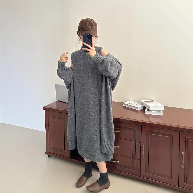 【set】ロング丈ニットカーデ×ベストワンピースセット　M26378