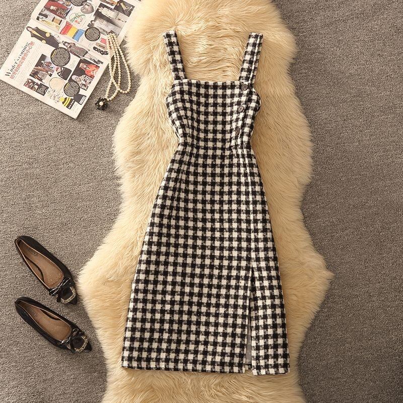 【dress】スリットチェック柄ツイードワンピース　N2263