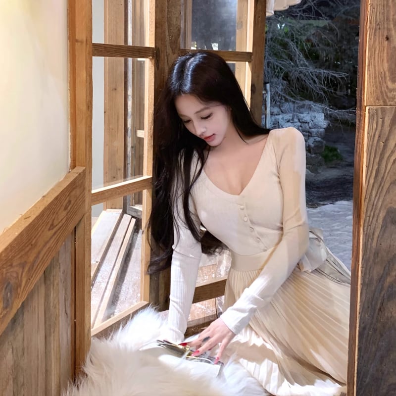 【dress】リボン付きプリーツニットワンピース Q7283