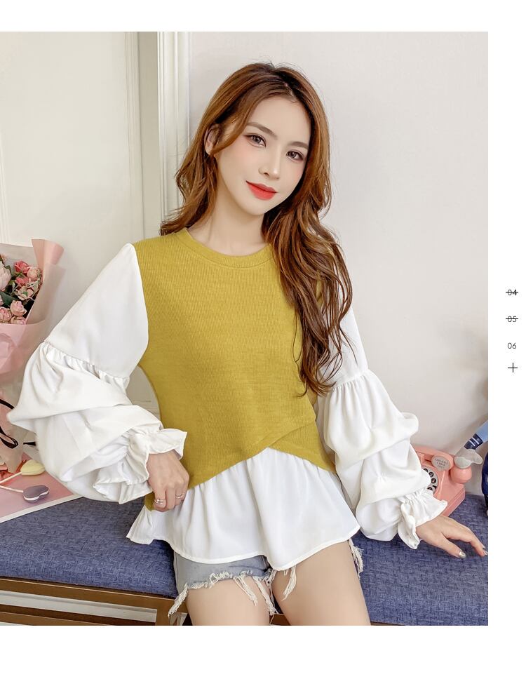 【tops】韓国ファッション早秋新作ラウンドネック長袖パフ袖偽二つ切り替えニットブラウスF0743