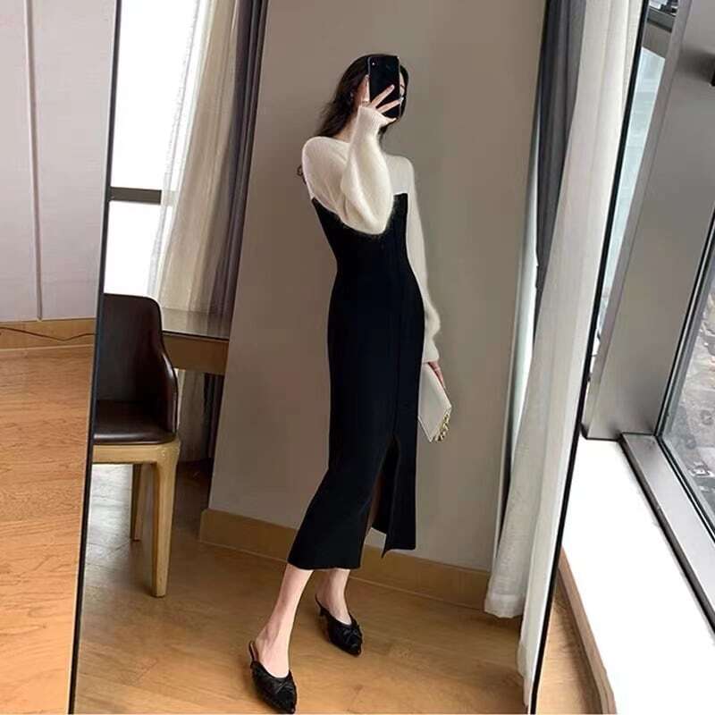 【dress】好感度UP!気質満点カラーマッチングレトロスリット着痩せニットワンピース G3908